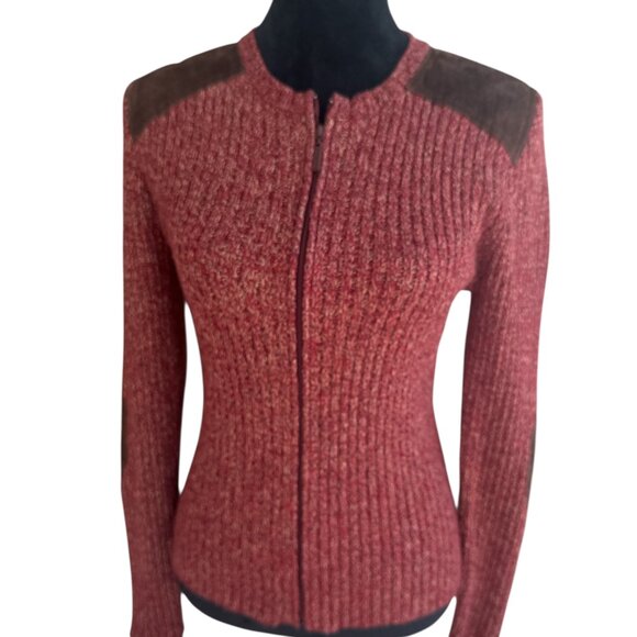 Halogen Large Brown & Red Leather Trimmed Zip Long Sleeve Cardigan - Picture 1 of 9